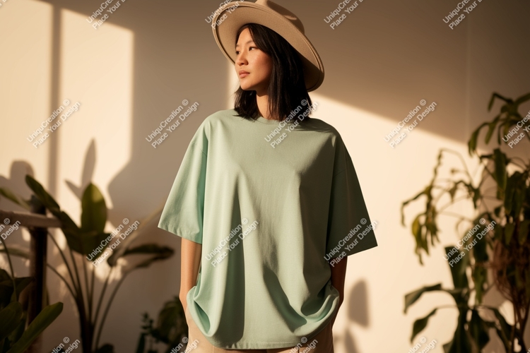 Woman wearing light green t shirt and hat t-shirt