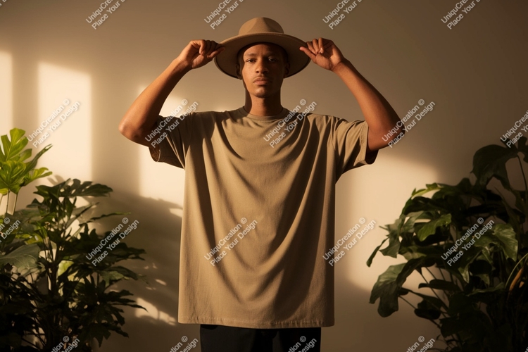 Man wearing tan t shirt and hat image