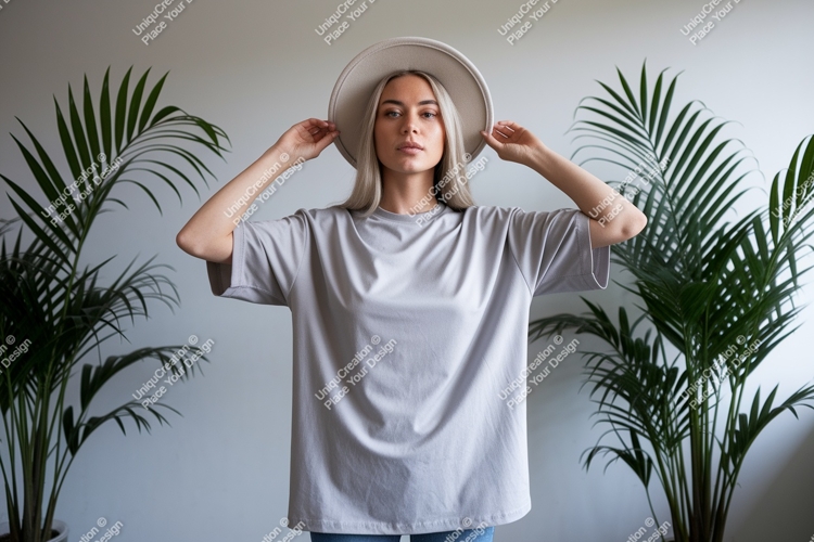 Woman wearing grey t shirt and hat image