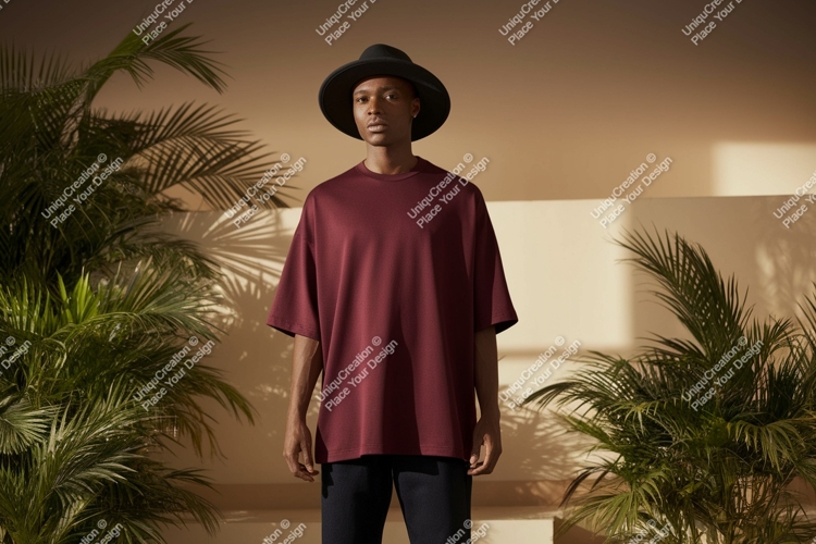 Man wearing maroon t shirt and hat image