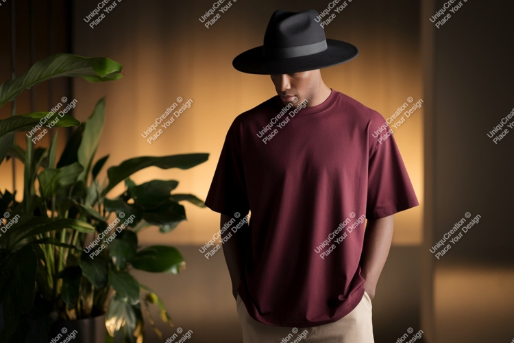 Man wearing maroon t shirt and black hat image