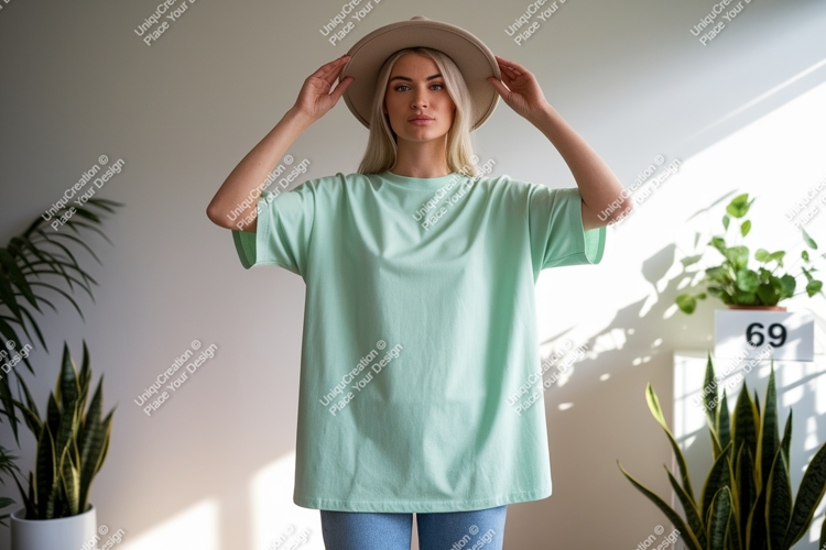 Woman wearing mint green t-shirt and hat