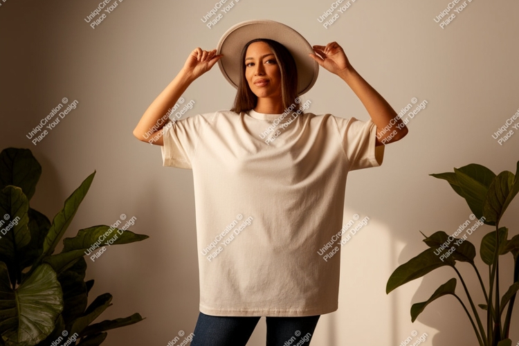 Woman wearing plain cream t shirt and hat image