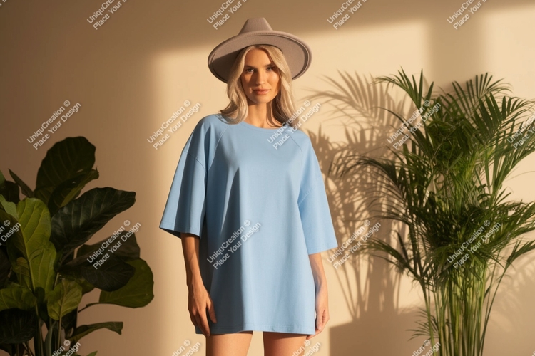Woman wearing blue t-shirt and hat plants