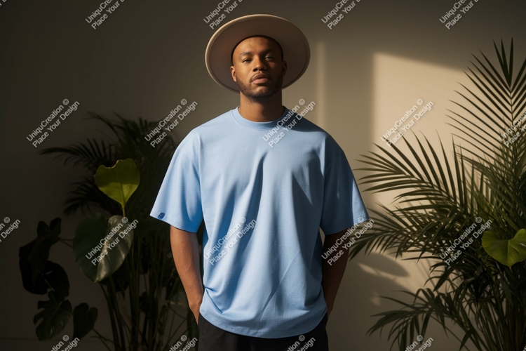 Man wearing light blue t shirt and hat image