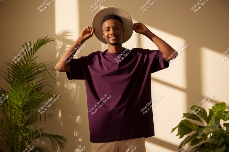 Man wearing plum t shirt and hat image