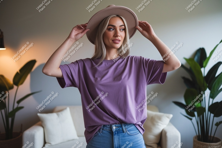 Woman wearing purple t-shirt and hat jeans