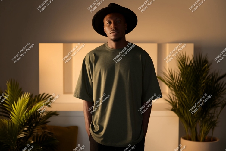 Man wearing olive green t shirt and black hat image