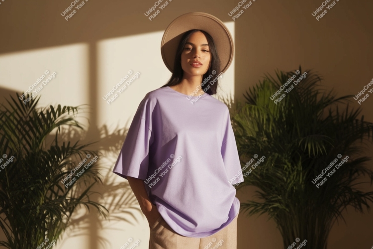 Woman wearing lavender t-shirt and hat plants