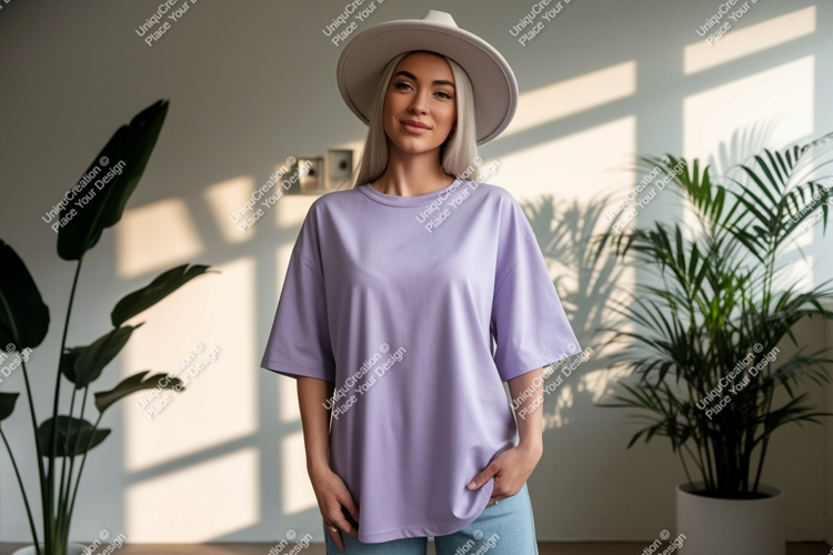Woman wearing lavender t shirt and hat image