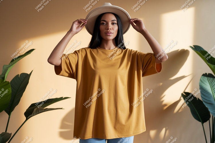 Woman wearing mustard yellow t shirt and hat mockup