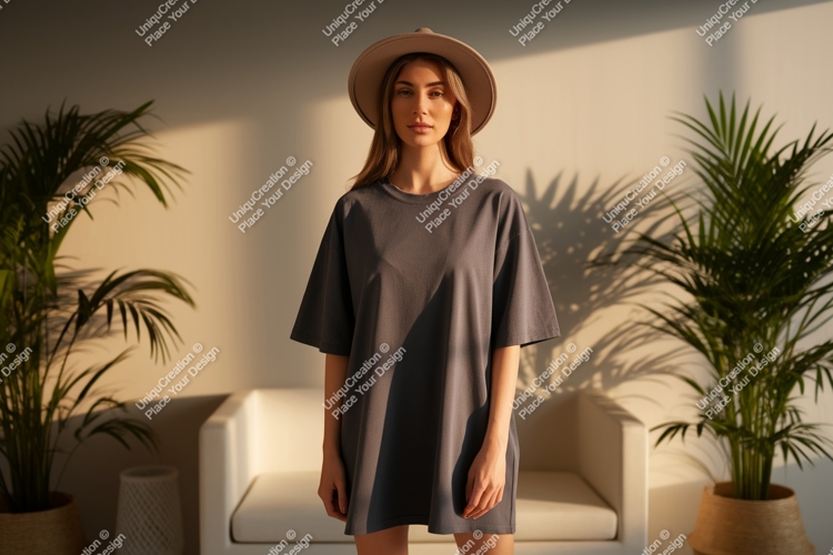 Woman wearing grey t shirt and hat image