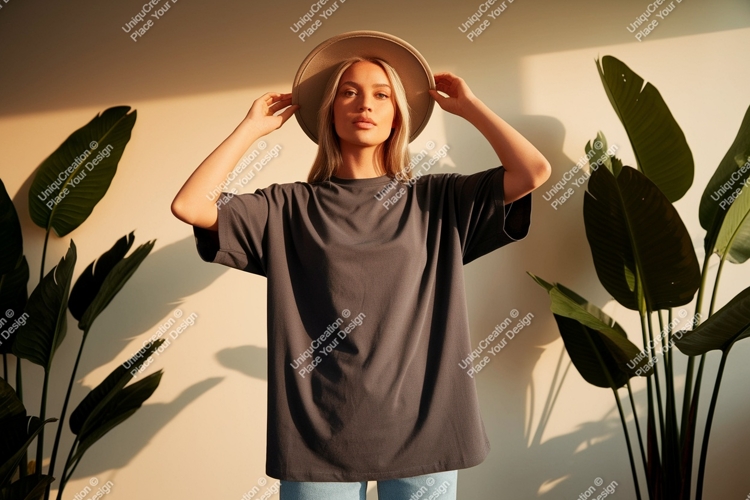Woman wearing dark grey t-shirt and hat