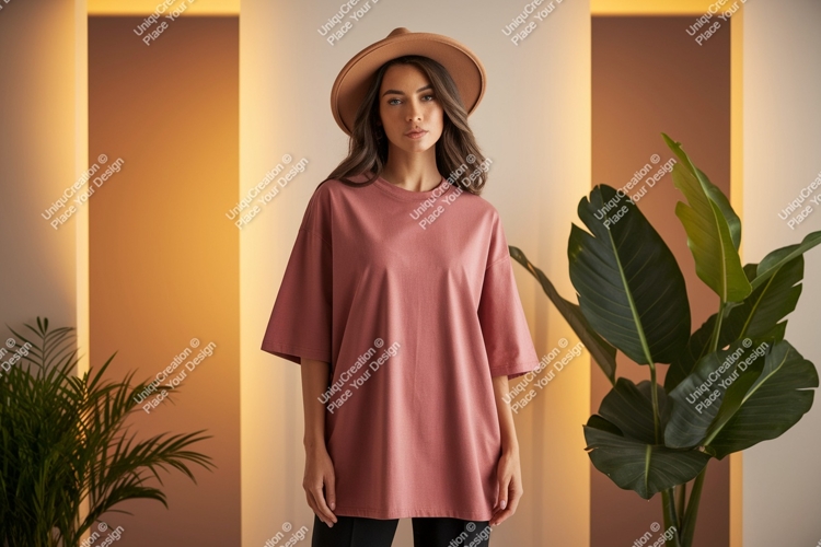 Woman wearing pink oversized t shirt and hat image