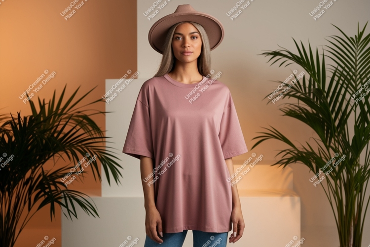 Woman wearing pink oversized t shirt and hat image