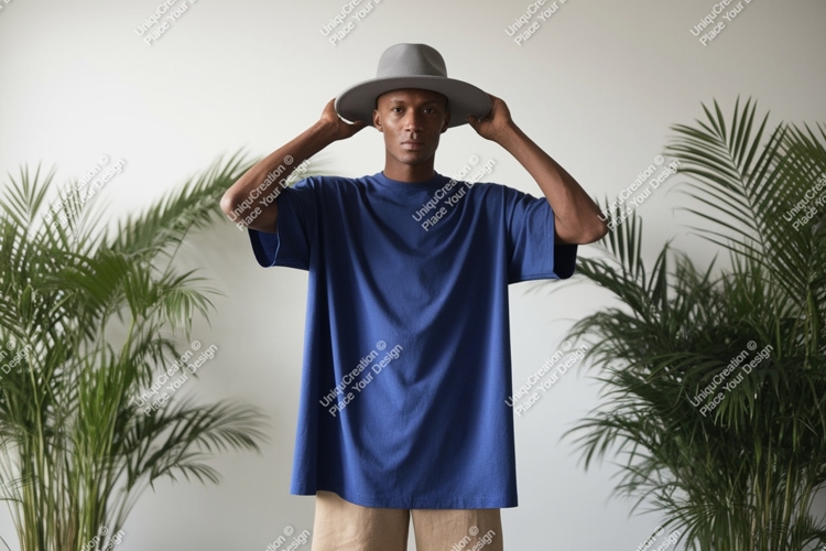 Man wearing blue t shirt and grey hat