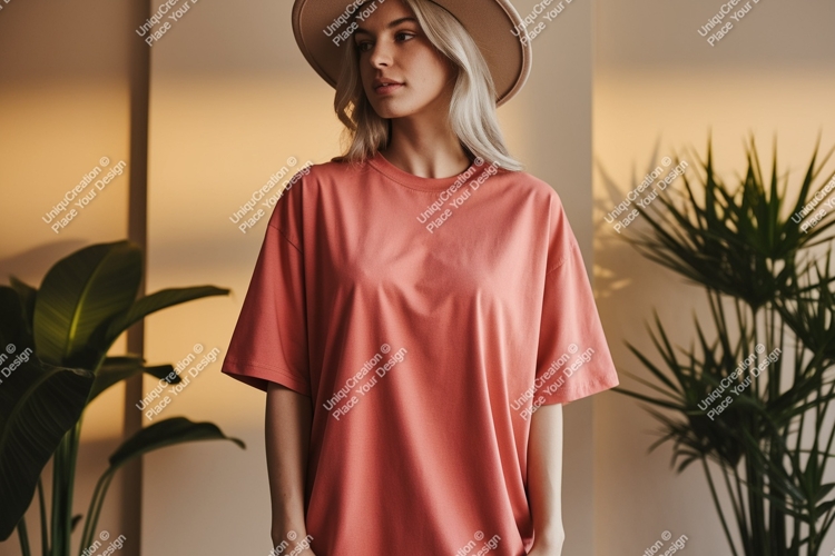 Woman wearing coral oversized t shirt and hat image