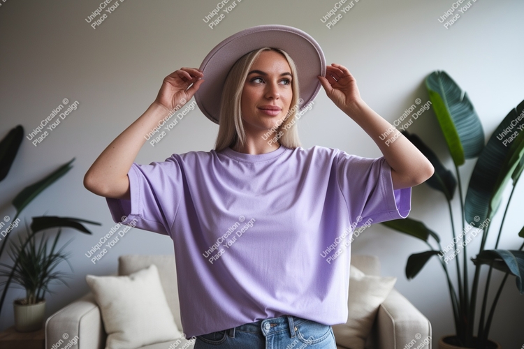 Blonde woman wearing lavender t shirt and hat
