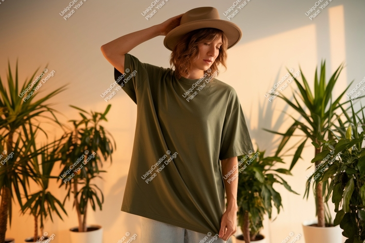 Woman wearing olive green t shirt and hat image