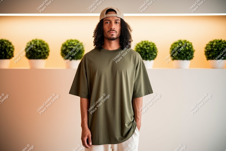 Man wearing olive green t shirt and cap image