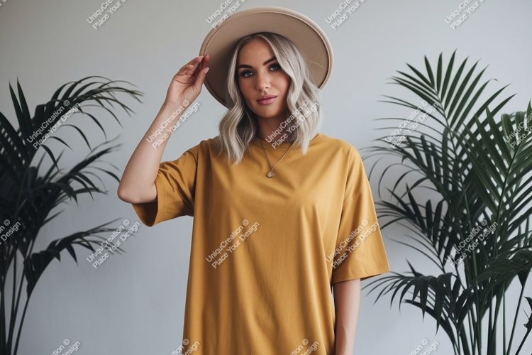 Woman wearing mustard yellow t shirt and hat image