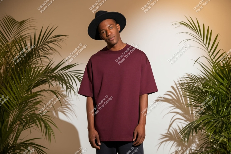Man wearing maroon t-shirt and black hat