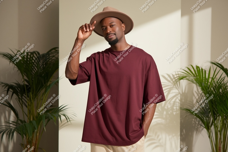 Man wearing maroon t shirt and hat image