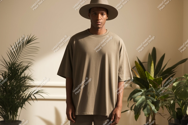 Man wearing neutral t shirt and hat image