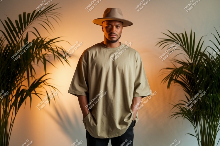 Man wearing tan t shirt and hat image