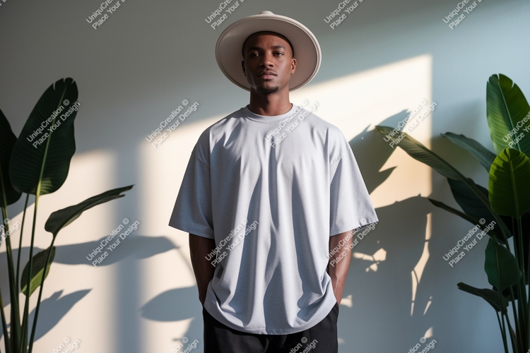 Man wearing light grey t shirt and hat image