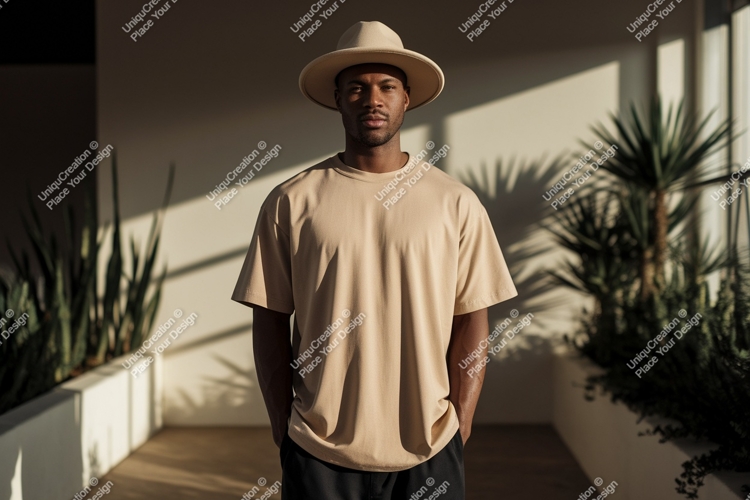 Man wearing tan t shirt and hat image