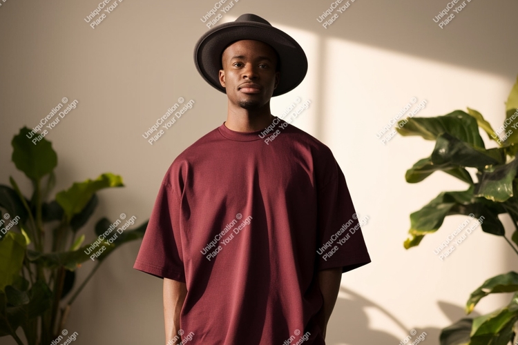 Man wearing maroon t shirt and hat image