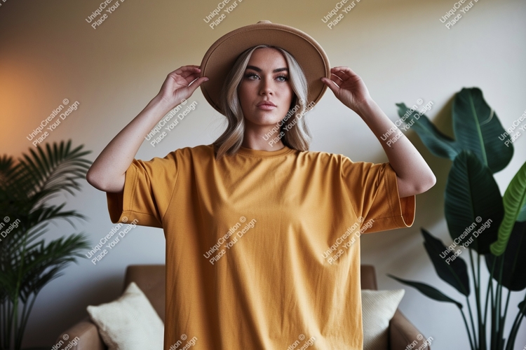 Woman wearing mustard t shirt and hat image
