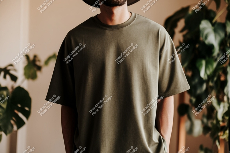 Man wearing olive green t shirt mockup