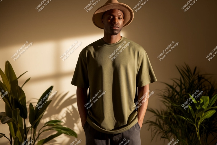 Man wearing olive t shirt and hat image