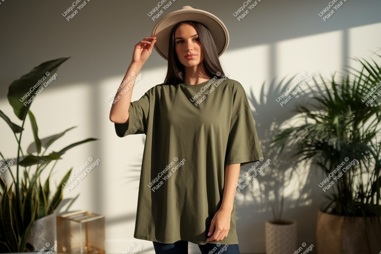 Woman wearing olive green t-shirt and hat