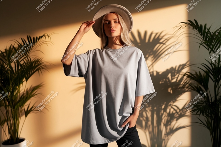 Woman wearing grey t shirt and hat image