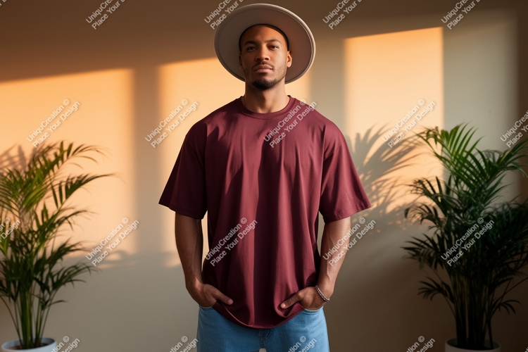 Man wearing maroon t shirt and hat image