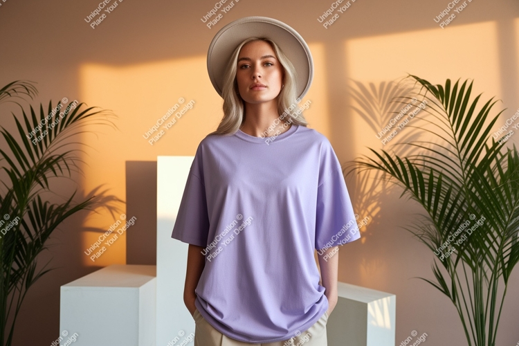 Woman wearing lavender t shirt and hat image