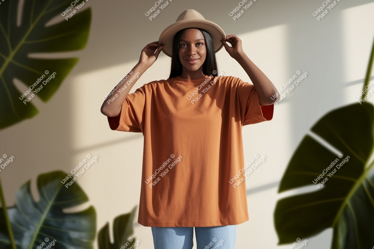 Woman wearing orange t shirt and hat image