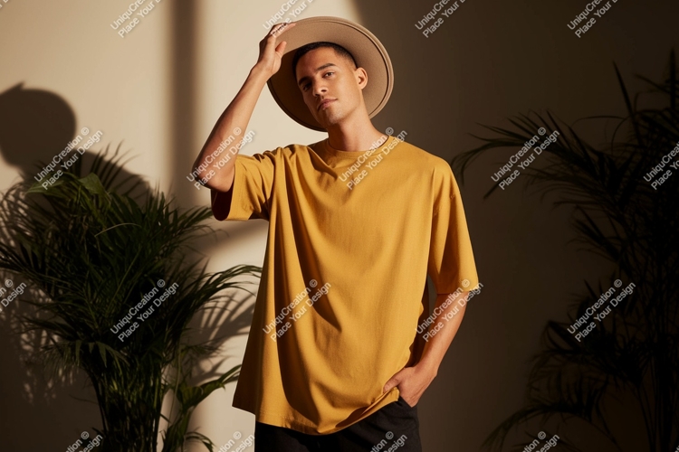 Man wearing mustard t shirt and hat image