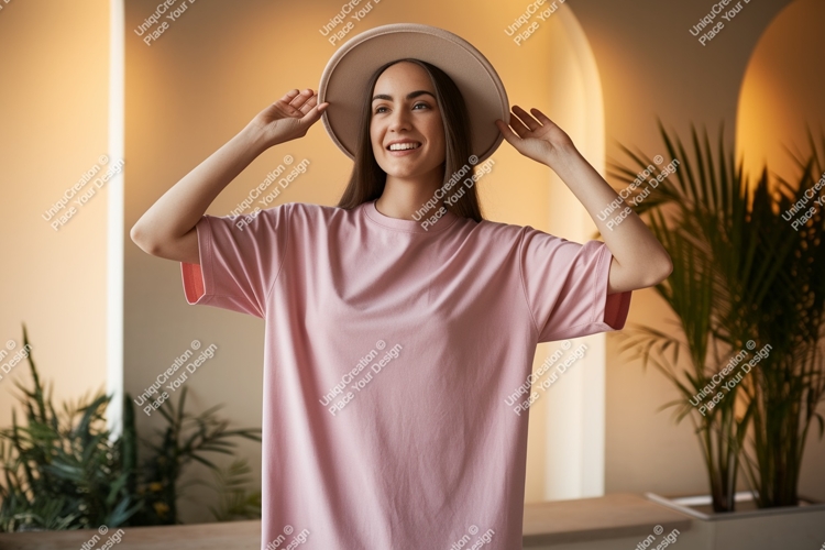 Woman wearing pink t-shirt and hat fashion