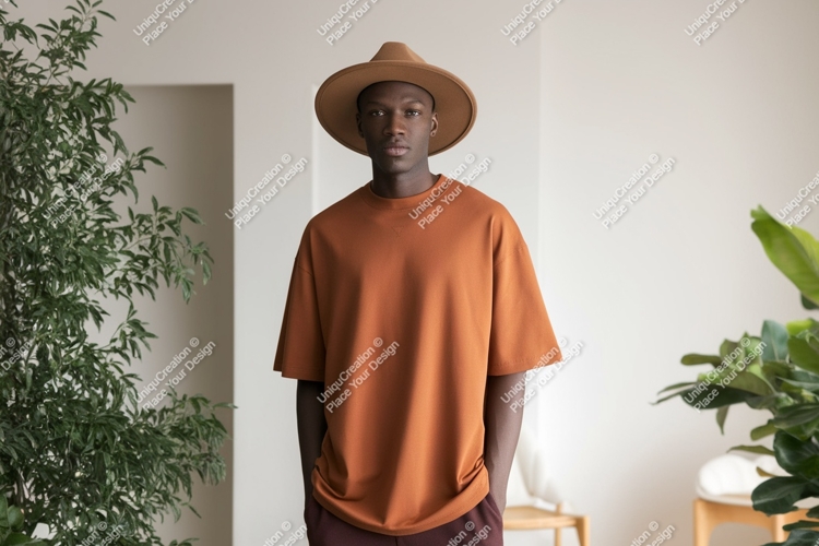 Man wearing terracotta t shirt and brown hat image
