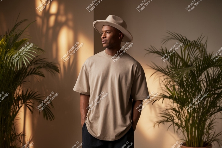 Man wearing neutral colored t shirt and hat image
