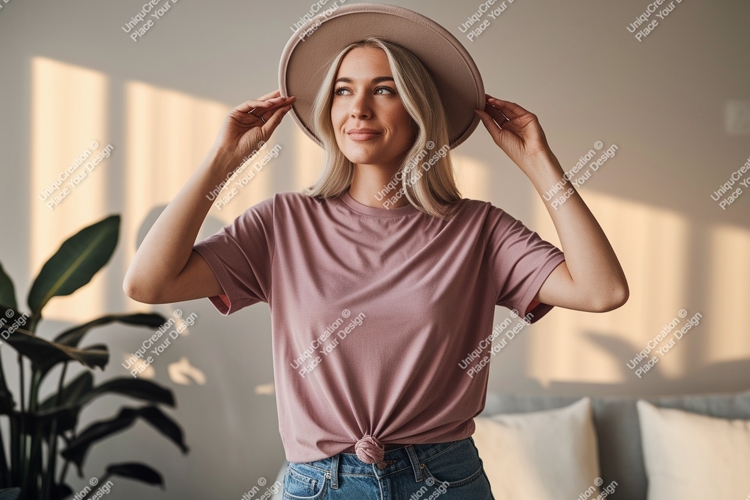 Blonde woman wearing pink t shirt and hat