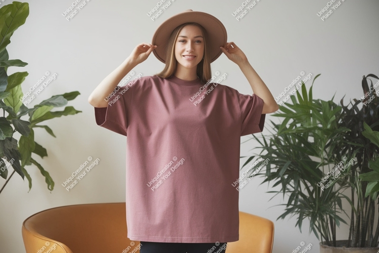 Woman wearing dusty rose t shirt and hat image