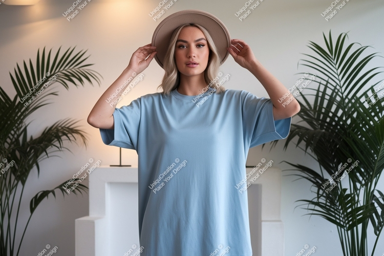 Woman wearing blue t shirt and hat image