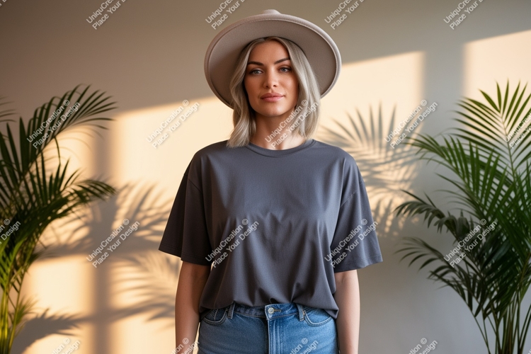 Woman wearing grey t shirt and hat image