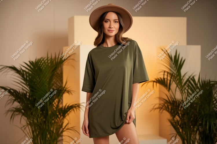 Woman wearing olive green t shirt and hat image