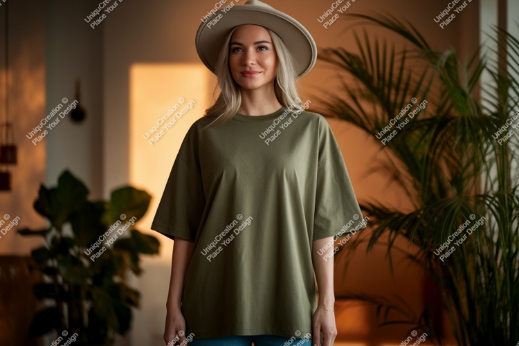 Woman wearing olive green t shirt and hat image